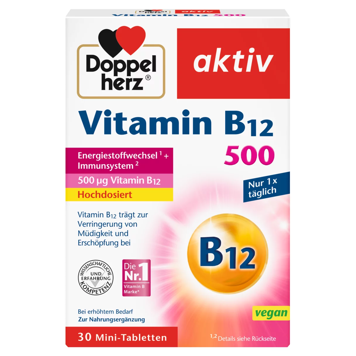 Abbildung der Produktverpackung Doppelherz aktiv Vitamin B12 500 Frontansicht